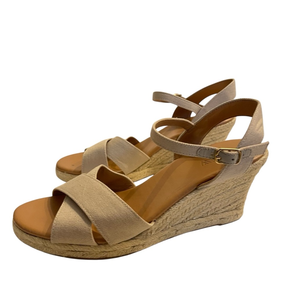 J. CREW Beige Canvas Espadrille Wedge Peep Toe Sandals - Women - Picture 2 of 6